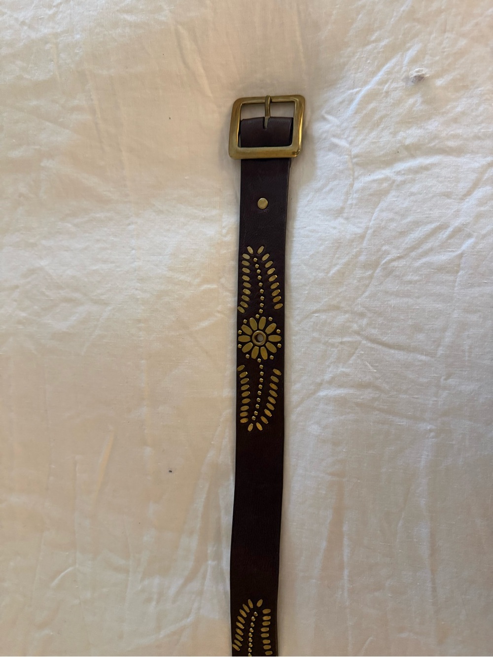 Dark Brown Leather Studded Floral Belt with Brass Buckle